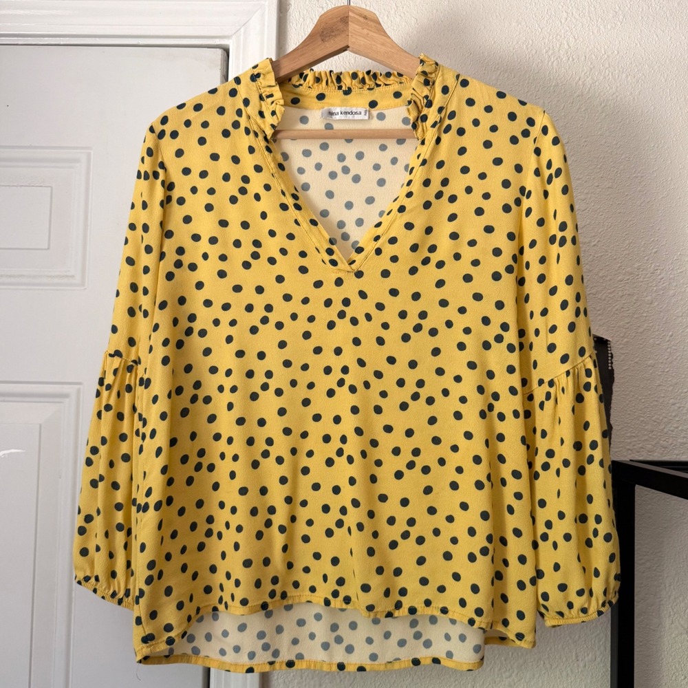NINA KENDOSA yellow polka dot ruffle collar puff long sleeve cropped blouse top